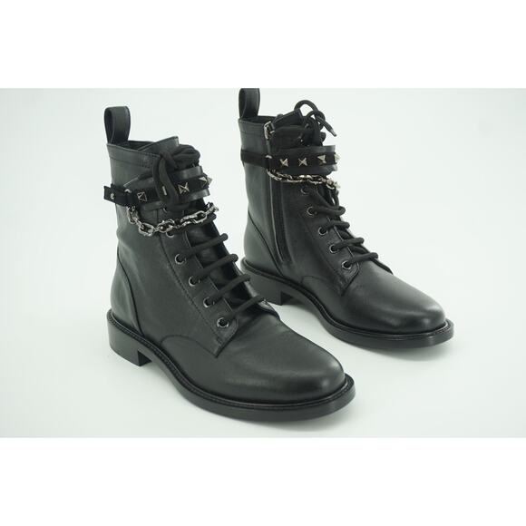 Valentino Rockstud Chain Combat Ankle Boots Size 37 black Leather $1290 - Picture 3 of 12